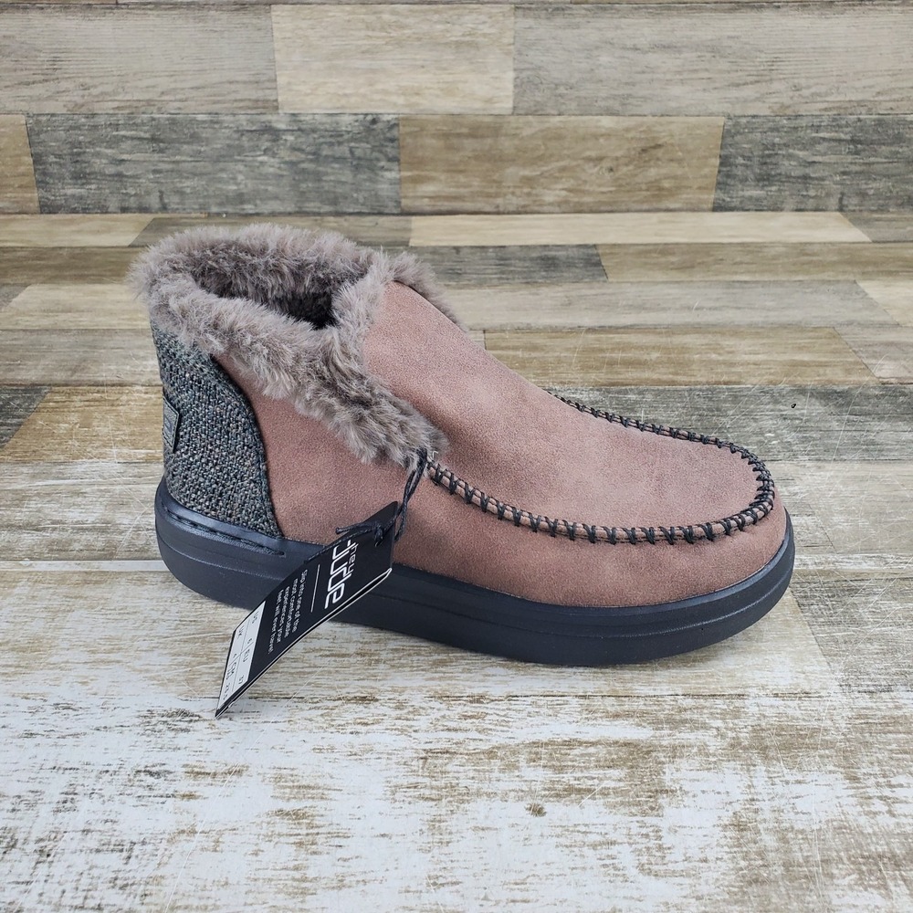 Hey Dude Denny Grip Womens Ankle Boots Sz 6 Brown Faux Shearling Lined Slip On